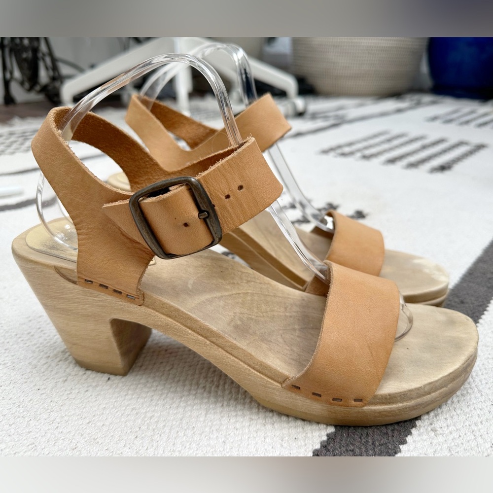 No. 6 Two Strap Natural Leather Buckle Sandals Clogs with Wooden Base Size 41